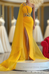 Long Mermaid One Shoulder Beading Tulle Semi Formal Dresses with Slit